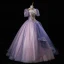 Elegant Lavender Beading Lace Flower Butterfly Appliques Prom Dresses 2023 Ball Gown High Neck Backless Puffy Short Sleeve Floor-Length / Long Prom