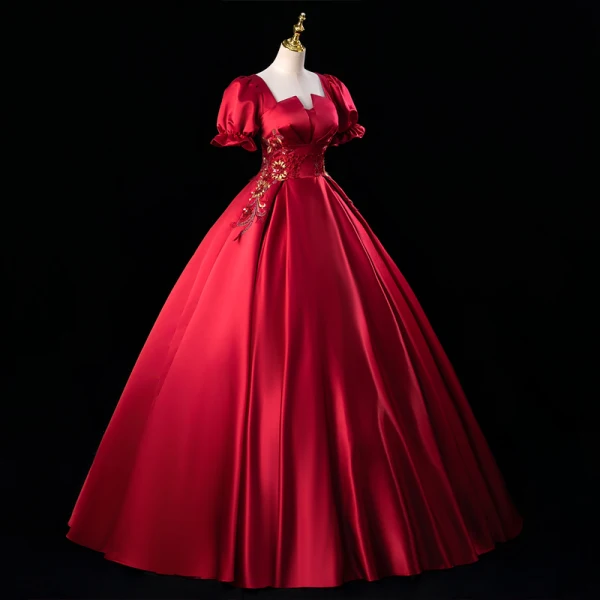 Elegant Burgundy Beading Rhinestone Sequins Lace Flower Prom Dresses 2023 Ball Gown Satin Square Neckline Short Sleeve Backless Floor-Length / Long Prom