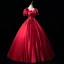 Elegant Burgundy Beading Rhinestone Sequins Lace Flower Prom Dresses 2023 Ball Gown Satin Square Neckline Short Sleeve Backless Floor-Length / Long Prom