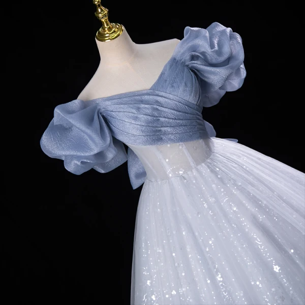 Bling Bling Bleu Ciel Paillettes Robe De Bal 2023 Robe Boule Volants De l'épaule Manches Courtes Dos Nu Longue Promo Robe De Ceremonie