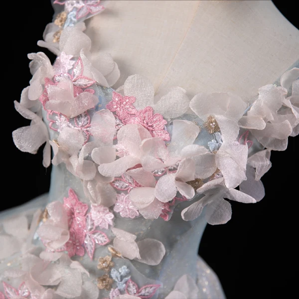 Flower Fairy Grey Sky Blue Beading Sequins Lace Flower Appliques Prom Dresses 2023 Ball Gown U-Neck Ankle Strap Sleeveless Backless Floor-Length / Long