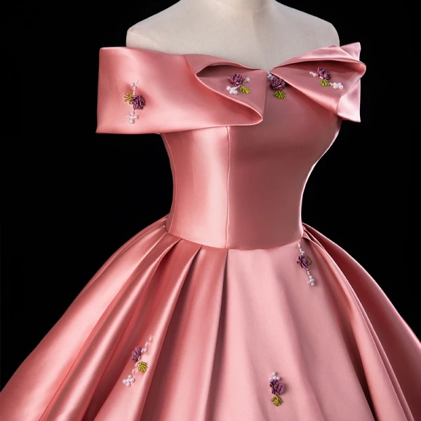 Schöne Pink Perlenstickerei Satin Ballkleider 2023 Ballkleid Off Shoulder Ärmellos Rückenfreies Lange Ball Festliche Kleider