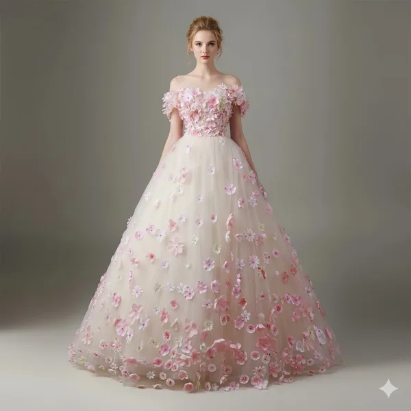 Blumenfee Rosa Perle Applikationen Ballkleider 2026 Ballkleid Off Shoulder Kurze Ärmel Rückenfreies Lange Festliche Kleider
