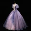 Elegant Lavender Beading Lace Flower Butterfly Appliques Prom Dresses 2023 Ball Gown High Neck Backless Puffy Short Sleeve Floor-Length / Long Prom