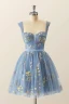 Chic / Beautiful Sky Blue Flower Floral Short Homecoming Graduation Dresses 2024 A-Line / Princess Square Neckline Sleeveless Backless