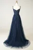 Vintage / Retro Navy Blue Rhinestone Lace Flower Prom Dresses 2024 A-Line / Princess Spaghetti Straps Sleeveless Backless Sweep Train Prom Formal Dresses