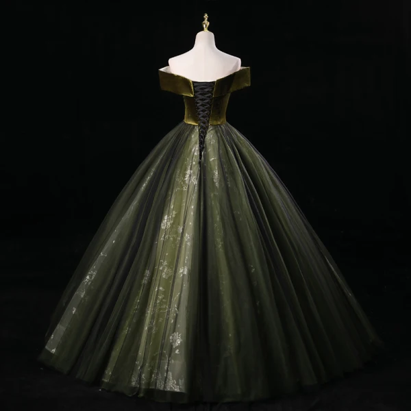 Vintage / Retro Dark Green Rhinestone Lace Flower Prom Dresses 2023 Ball Gown Off-The-Shoulder Sleeveless Backless Floor-Length / Long Prom Formal Dresses