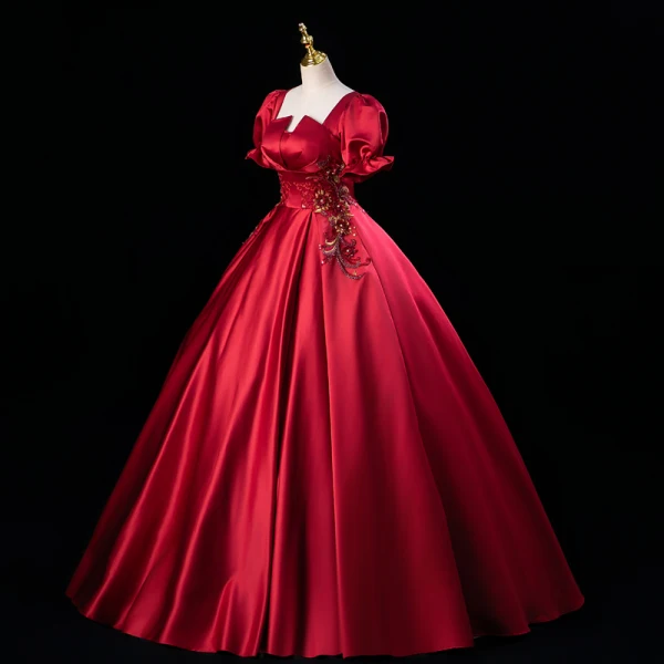 Elegant Burgundy Beading Rhinestone Sequins Lace Flower Prom Dresses 2023 Ball Gown Satin Square Neckline Short Sleeve Backless Floor-Length / Long Prom
