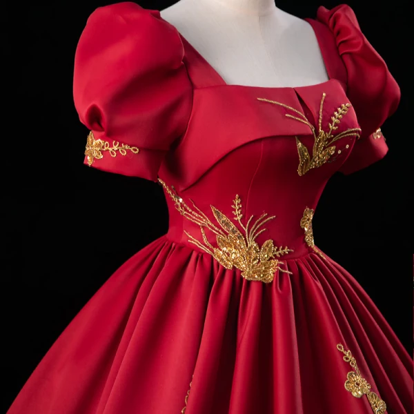 Elegant Burgundy Beading Sequins Prom Dresses Ball Gown 2023 Square Neckline Puffy Short Sleeve Backless Floor-Length / Long Prom Formal Dresses