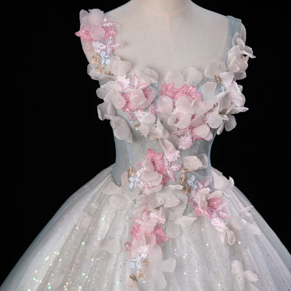 Flower Fairy Grey Sky Blue Beading Sequins Lace Flower Appliques Prom Dresses 2023 Ball Gown U-Neck Ankle Strap Sleeveless Backless Floor-Length / Long