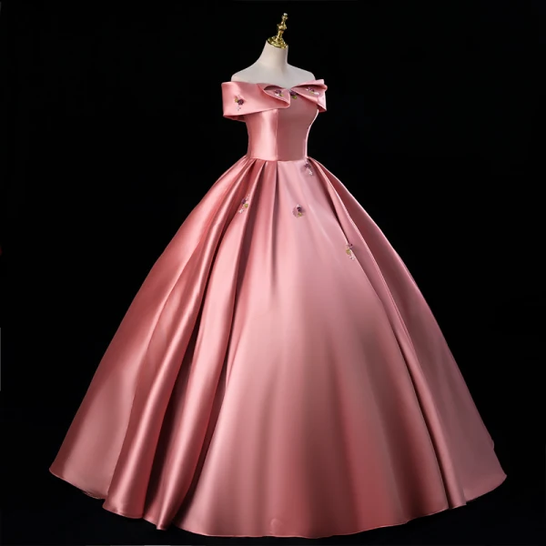 Schöne Pink Perlenstickerei Satin Ballkleider 2023 Ballkleid Off Shoulder Ärmellos Rückenfreies Lange Ball Festliche Kleider