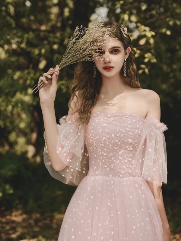 Chic / Beautiful Blushing Pink Spotted Bridesmaid Dresses 2023 A-Line / Princess Off-The-Shoulder Short Sleeve Backless Floor-Length / Long Prom Bridesmaid Dresses