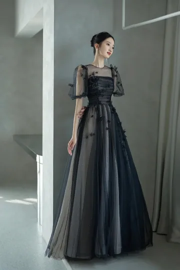 Chic Belle Noire Glitter Appliques Robe De Bal 2024 Princesse Encolure Dégagée Manches Courtes Dos Nu Longue Promo Robe De Ceremonie