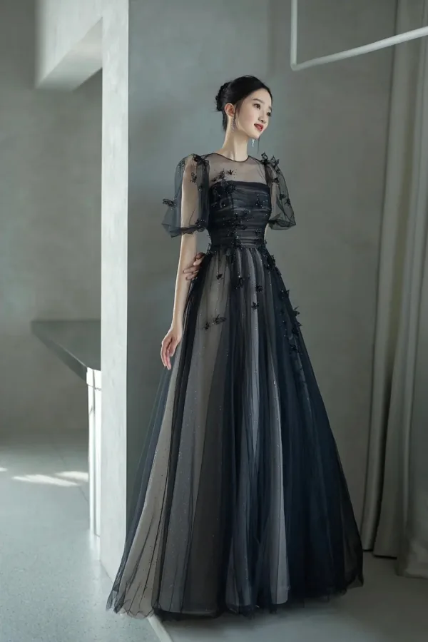 Chic / Beautiful Black Glitter Appliques Prom Dresses 2024 A-Line / Princess Scoop Neck Short Sleeve Backless Floor-Length / Long Prom Formal Dresses