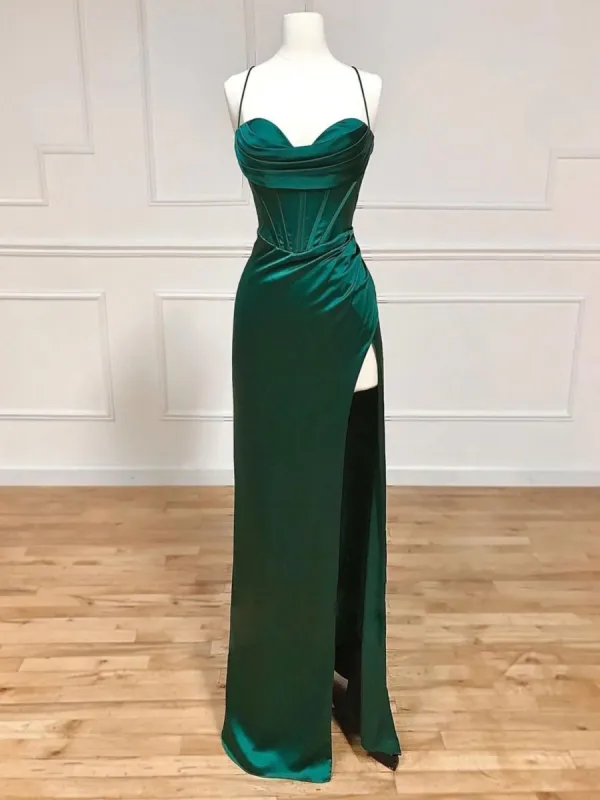 Trumpet Mermaid Flower Green Satin Halter Prom Dress With Slit