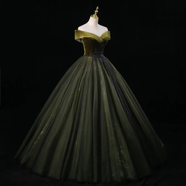 Vintage / Retro Dark Green Rhinestone Lace Flower Prom Dresses 2023 Ball Gown Off-The-Shoulder Sleeveless Backless Floor-Length / Long Prom Formal Dresses