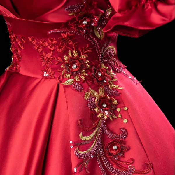 Elegant Burgundy Beading Rhinestone Sequins Lace Flower Prom Dresses 2023 Ball Gown Satin Square Neckline Short Sleeve Backless Floor-Length / Long Prom