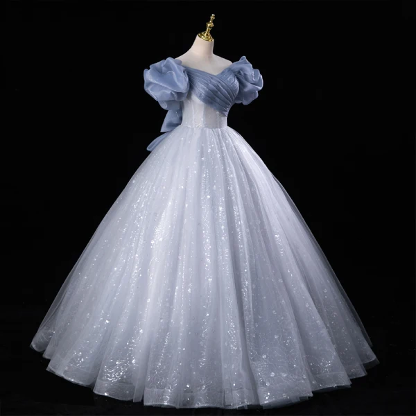 Bling Bling Bleu Ciel Paillettes Robe De Bal 2023 Robe Boule Volants De l'épaule Manches Courtes Dos Nu Longue Promo Robe De Ceremonie