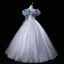 Bling Bling Bleu Ciel Paillettes Robe De Bal 2023 Robe Boule Volants De l'épaule Manches Courtes Dos Nu Longue Promo Robe De Ceremonie