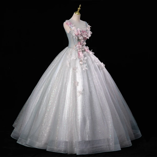 Flower Fairy Grey Sky Blue Beading Sequins Lace Flower Appliques Prom Dresses 2023 Ball Gown U-Neck Ankle Strap Sleeveless Backless Floor-Length / Long