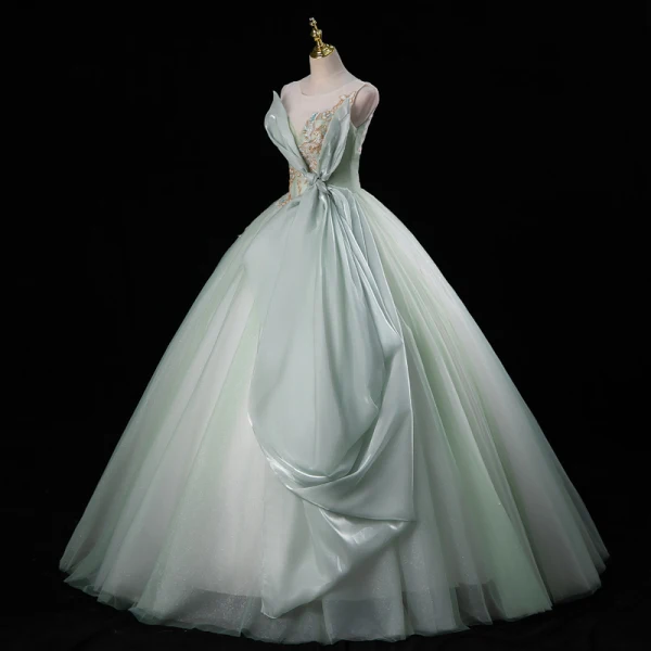 Fashion Sage Green Beading Sequins Prom Dresses 2023 Ball Gown Scoop Neck Sleeveless Backless Floor-Length / Long Formal Dresses