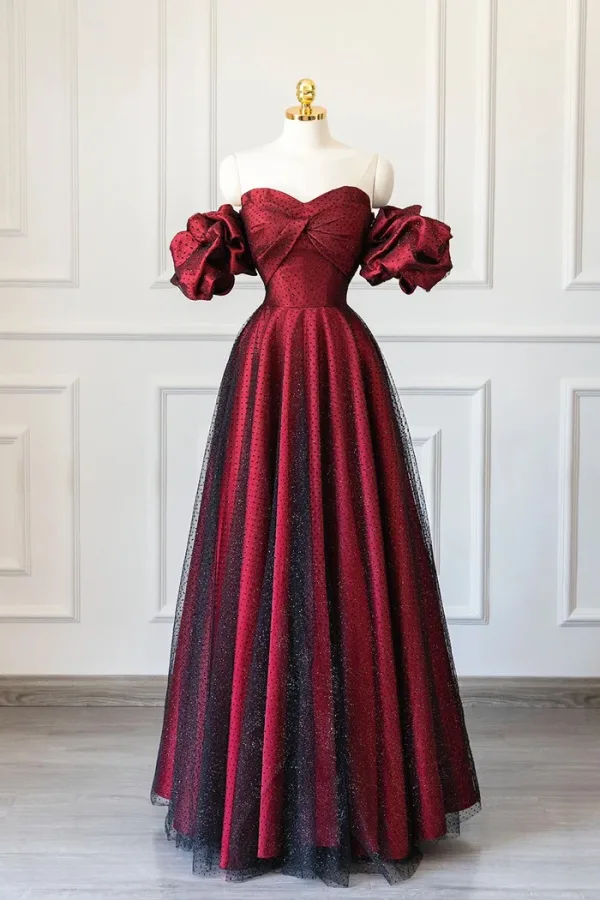 Chic / Beautiful Burgundy Spotted Prom Dresses 2024 A-Line / Princess Puffy Off-The-Shoulder Short Sleeve Backless Floor-Length / Long Prom Formal Dresses