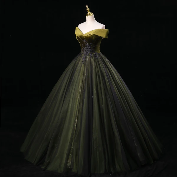 Vintage / Retro Dark Green Rhinestone Lace Flower Prom Dresses 2023 Ball Gown Off-The-Shoulder Sleeveless Backless Floor-Length / Long Prom Formal Dresses