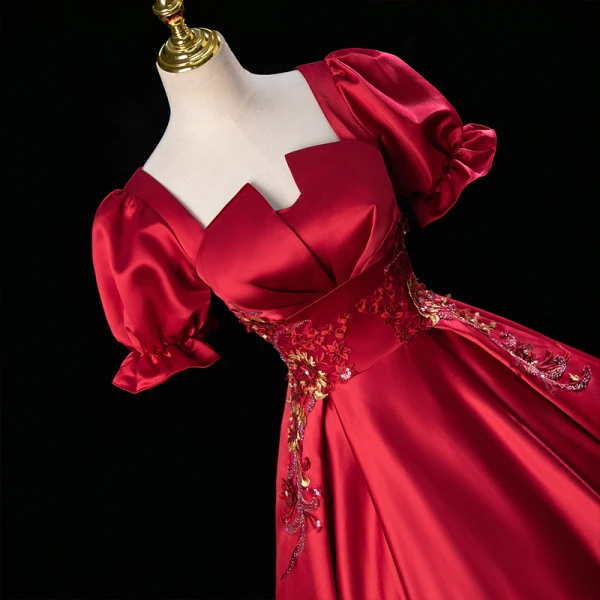 Elegant Burgundy Beading Rhinestone Sequins Lace Flower Prom Dresses 2023 Ball Gown Satin Square Neckline Short Sleeve Backless Floor-Length / Long Prom