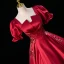 Elegant Burgundy Beading Rhinestone Sequins Lace Flower Prom Dresses 2023 Ball Gown Satin Square Neckline Short Sleeve Backless Floor-Length / Long Prom