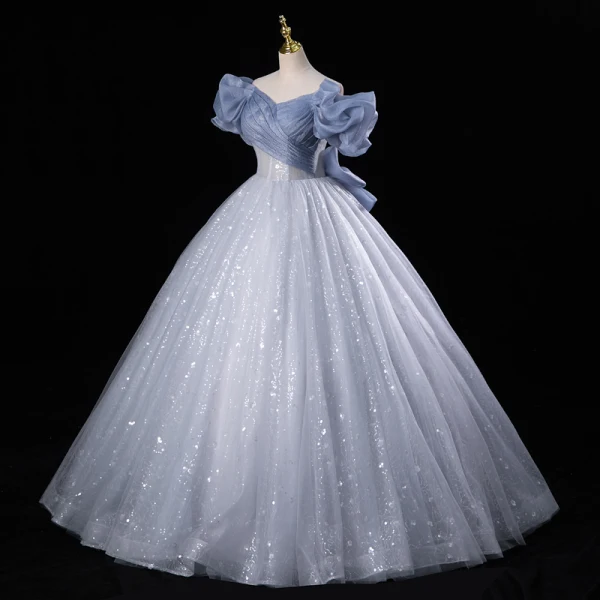 Bling Bling Bleu Ciel Paillettes Robe De Bal 2023 Robe Boule Volants De l'épaule Manches Courtes Dos Nu Longue Promo Robe De Ceremonie