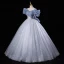 Bling Bling Bleu Ciel Paillettes Robe De Bal 2023 Robe Boule Volants De l'épaule Manches Courtes Dos Nu Longue Promo Robe De Ceremonie