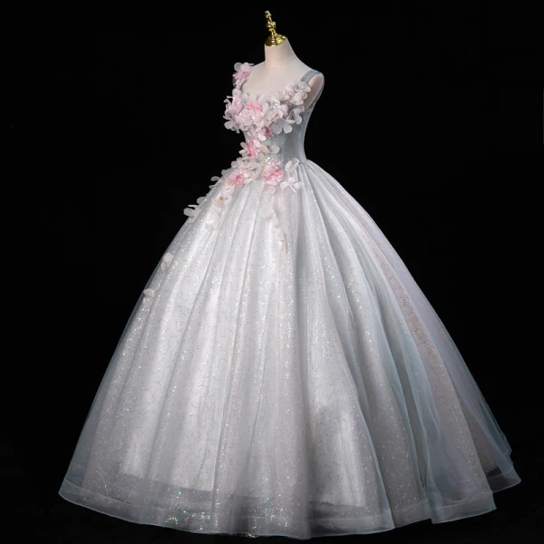 Flower Fairy Grey Sky Blue Beading Sequins Lace Flower Appliques Prom Dresses 2023 Ball Gown U-Neck Ankle Strap Sleeveless Backless Floor-Length / Long