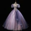 Elegant Lavender Beading Lace Flower Butterfly Appliques Prom Dresses 2023 Ball Gown High Neck Backless Puffy Short Sleeve Floor-Length / Long Prom