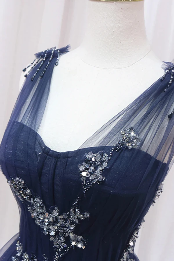 Vintage / Retro Navy Blue Beading Sequins Prom Dresses 2024 A-Line / Princess U-Neck Sleeveless Backless Sweep Train Prom Formal Dresses