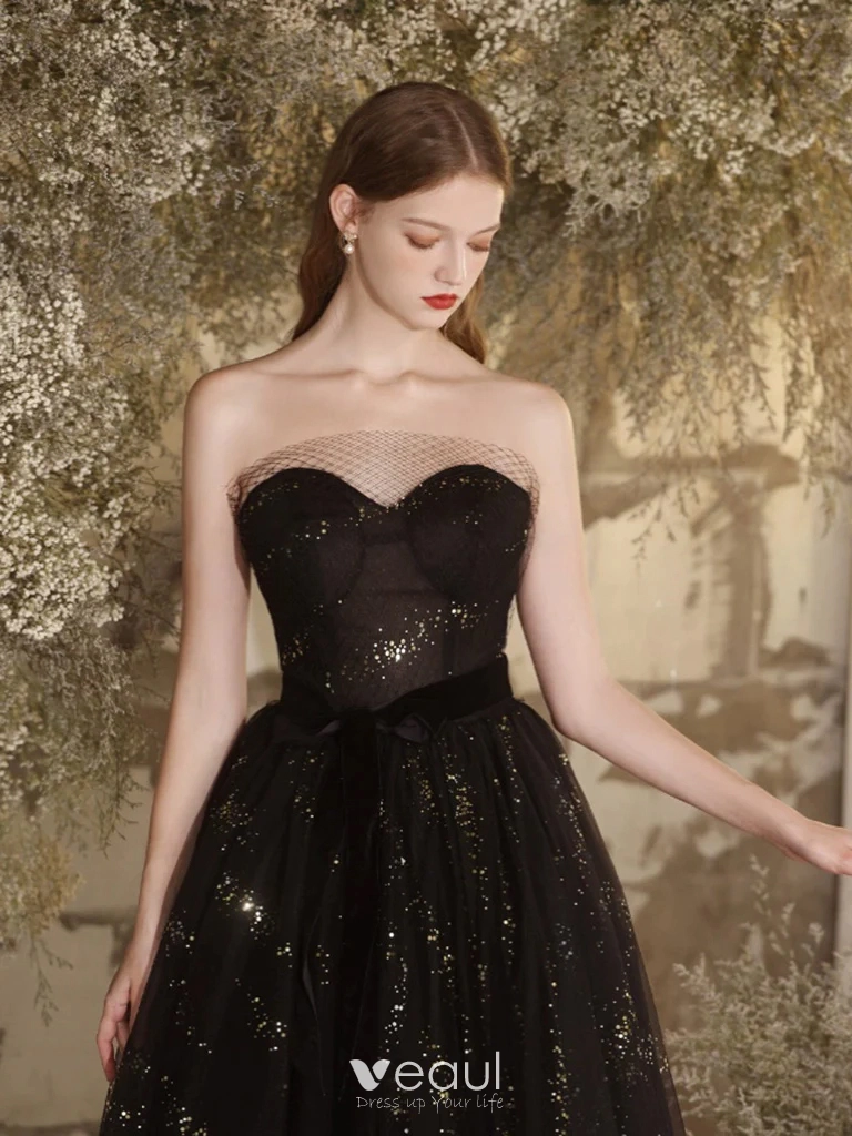A-line Strapless Black long Prom Dress Sparkly Beaded Formal Dresses K –  SELINADRESS