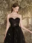 Sexy Black Glitter Sequins Prom Dresses 2024 A-Line / Princess Strapless Sleeveless Backless Floor-Length / Long Formal Dresses