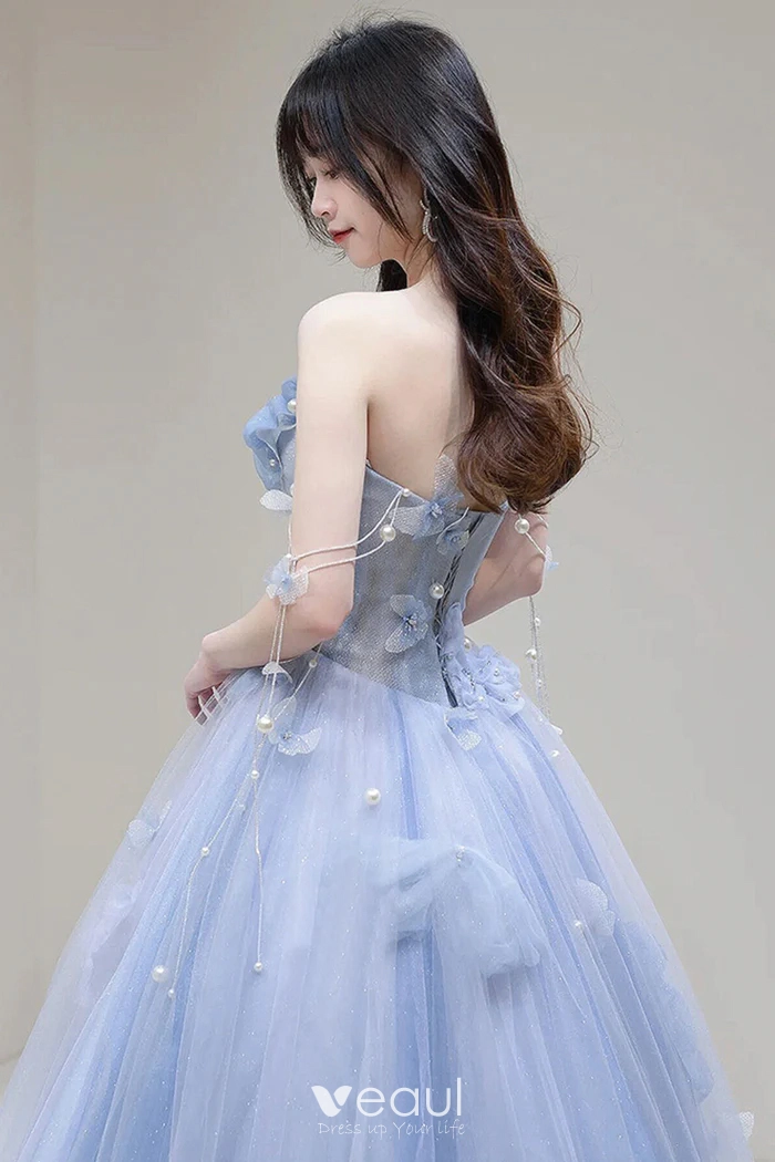 Charming Sky Blue Pearl Butterfly Appliques Prom Dresses 2024 A
