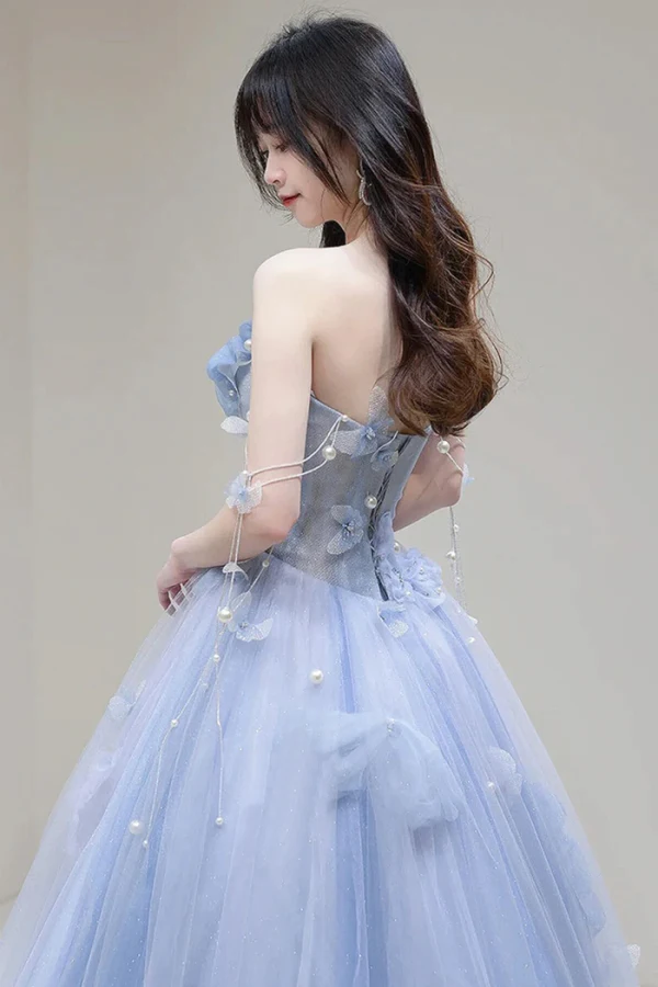 Charming Sky Blue Pearl Butterfly Appliques Prom Dresses 2024 A-Line / Princess Strapless Sleeveless Backless Floor-Length / Long Prom Formal Dresses