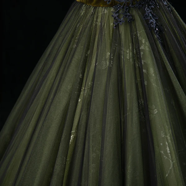 Vintage / Retro Dark Green Rhinestone Lace Flower Prom Dresses 2023 Ball Gown Off-The-Shoulder Sleeveless Backless Floor-Length / Long Prom Formal Dresses