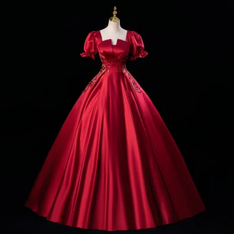 Elegant Burgundy Beading Rhinestone Sequins Lace Flower Prom Dresses 2023 Ball Gown Satin Square Neckline Short Sleeve Backless Floor Length Long Prom