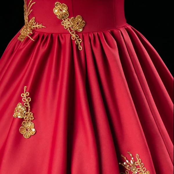 Elegant Burgundy Beading Sequins Prom Dresses Ball Gown 2023 Square Neckline Puffy Short Sleeve Backless Floor-Length / Long Prom Formal Dresses
