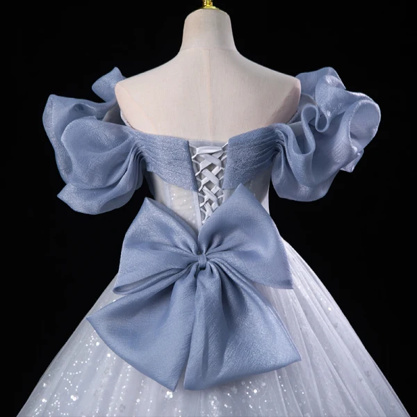 Bling Bling Bleu Ciel Paillettes Robe De Bal 2023 Robe Boule Volants De l'épaule Manches Courtes Dos Nu Longue Promo Robe De Ceremonie