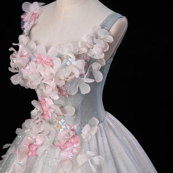 Flower Fairy Grey Sky Blue Beading Sequins Lace Flower Appliques Prom Dresses 2023 Ball Gown U-Neck Ankle Strap Sleeveless Backless Floor-Length / Long