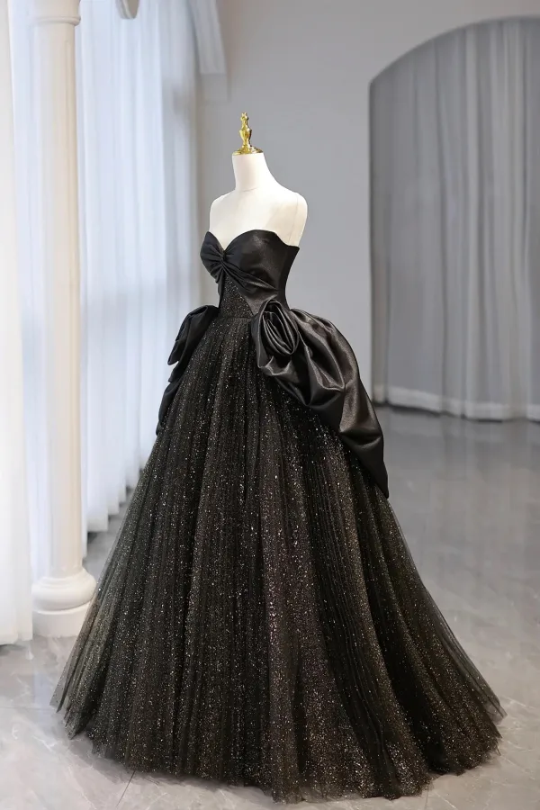 Charming Black Sequins Prom Dresses A-Line / Princess 2024 Strapless Sleeveless Backless Floor-Length / Long Prom Formal Dresses