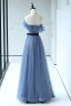 Fashion Pool Blue Sequins Bow Sash Prom Dresses 2024 A-Line / Princess Strapless Sleeveless Backless Floor-Length / Long Formal Dresses