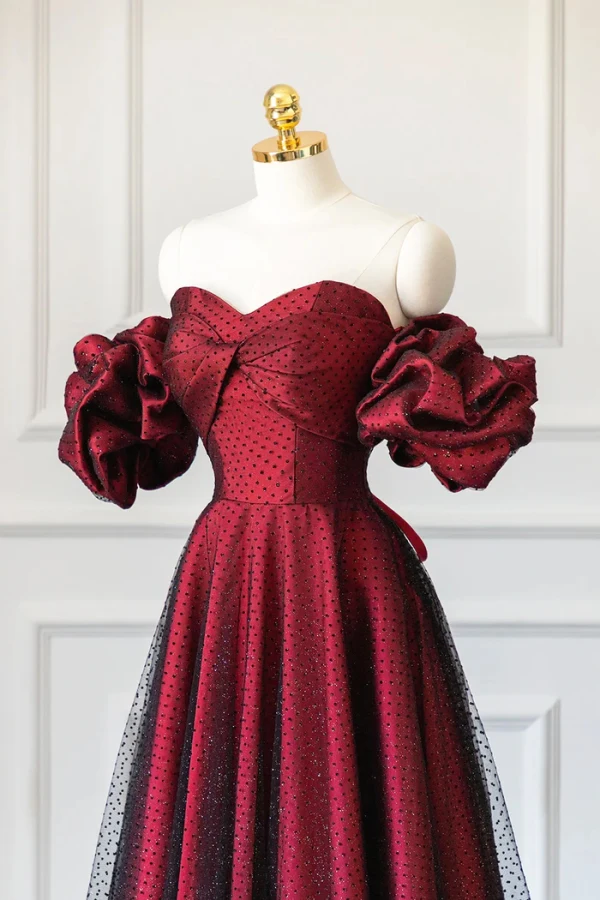 Chic / Beautiful Burgundy Glitter Spotted Prom Dresses 2024 A-Line / Princess Off-The-Shoulder Short Sleeve Backless Floor-Length / Long Formal Dresses