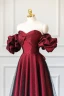 Chic / Beautiful Burgundy Glitter Spotted Prom Dresses 2024 A-Line / Princess Off-The-Shoulder Short Sleeve Backless Floor-Length / Long Formal Dresses