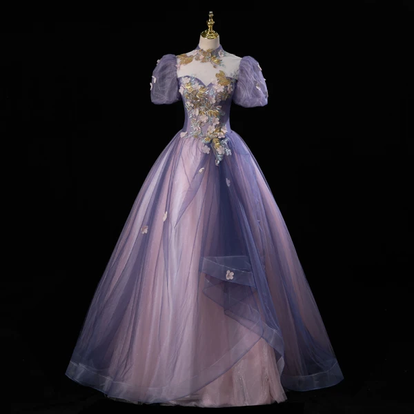 Elegant Lavender Beading Lace Flower Butterfly Appliques Prom Dresses 2023 Ball Gown High Neck Backless Puffy Short Sleeve Floor-Length / Long Prom