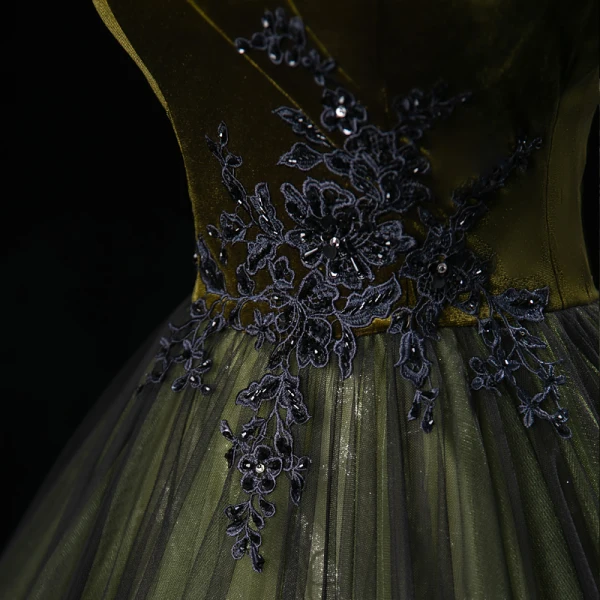 Vintage / Retro Dark Green Rhinestone Lace Flower Prom Dresses 2023 Ball Gown Off-The-Shoulder Sleeveless Backless Floor-Length / Long Prom Formal Dresses