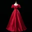 Elegant Burgundy Beading Rhinestone Sequins Lace Flower Prom Dresses 2023 Ball Gown Satin Square Neckline Short Sleeve Backless Floor-Length / Long Prom